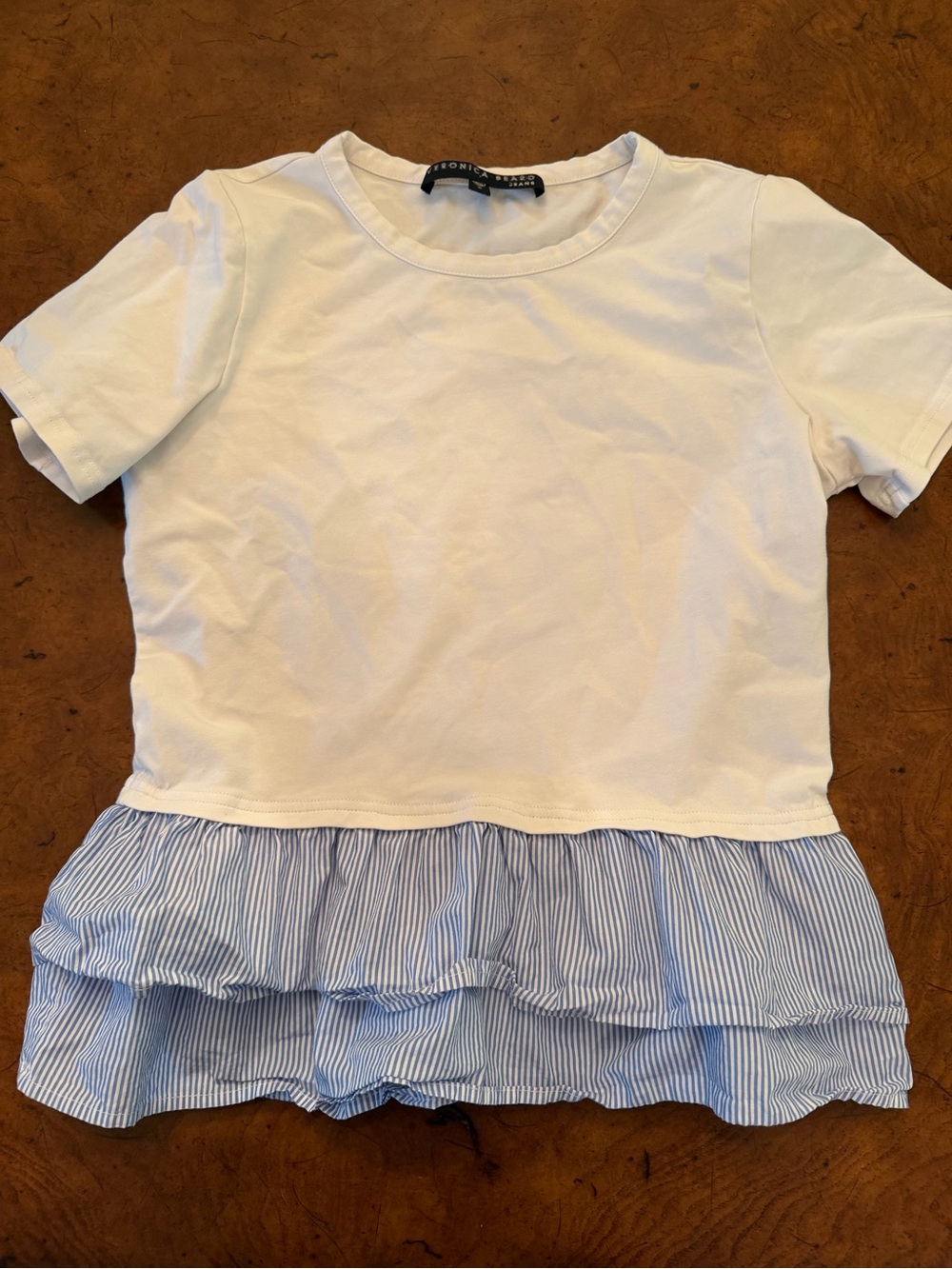 Women’s Veronica beard White Top with Blue Striped Ruffle Hem small